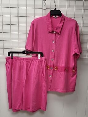 1990's Gardening Outfit, Hot Pink Top & Elastic Waist Shorts Set, XL